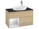 Villeroy und Boch Finion Waschtischunterschrank F892MTPC 100cm, Abdeckplatte black matt, Regale White matt lacquer, Oak Veneer