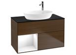 Villeroy und Boch Finion Waschtischunterschrank G892GFGN 100cm, Abdeckplatte black matt, Emotion, Regale Glossy white lacquer, Walnut veneer