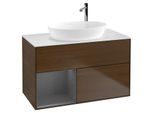 Villeroy und Boch Finion Waschtischunterschrank G891GKGN 100cm, Abdeckplatte white matt, Emotion, Regale Anthracite matt lacquer, Walnut veneer