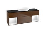 Villeroy und Boch Finion Waschtischunterschrank FD02GFGN 120cm, Abdeckplatte black matt, Regale Glossy white lacquer, Walnut veneer