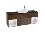Villeroy und Boch Finion Waschtischunterschrank F982MTGN 160cm, Abdeckplatte black matt, Regale White matt lacquer, Walnut veneer