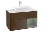Villeroy und Boch Finion Waschtischunterschrank G781GMGN 100cm, Abdeckplatte white matt, Emotion, Regale Olive matt lacquer, Walnut veneer