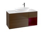 Villeroy und Boch Finion Waschtischunterschrank F951HBGN 120cm, Abdeckplatte white matt, Regale Peony matt lacquer, Walnut veneer