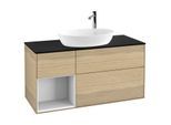Villeroy und Boch Finion Waschtischunterschrank G942GFPC 120cm, Abdeckplatte black matt, Emotion, Regale Glossy white lacquer, Oak Veneer
