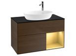 Villeroy und Boch Finion Waschtischunterschrank F902HFGN 100cm, Abdeckplatte black matt, Regale Gold matt lacquer, Walnut veneer