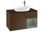 Villeroy und Boch Finion Waschtischunterschrank F902GMGN 100cm, Abdeckplatte black matt, Regale Olive matt lacquer, Walnut veneer
