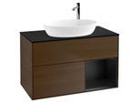 Villeroy und Boch Finion Waschtischunterschrank F902PDGN 100cm, Abdeckplatte black matt, Regale Black matt lacquer, Walnut veneer