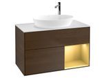 Villeroy und Boch Finion Waschtischunterschrank F901HFGN 100cm, Abdeckplatte white matt, Regale Gold matt lacquer, Walnut veneer