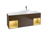 Villeroy und Boch Finion Waschtischunterschrank F981HFGN 160cm, Abdeckplatte white matt, Regale Gold matt lacquer, Walnut veneer