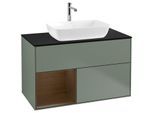 Villeroy und Boch Finion Waschtischunterschrank F772GNGM 100cm, Abdeckplatte black matt, Regale Walnut Veneer, Olive Matt Lacquer