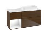 Villeroy und Boch Finion Waschtischunterschrank F681GFGN 120x60,3x50,1cm, Regal links Glossy white lacquer, Walnut veneer