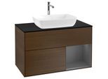 Villeroy und Boch Finion Waschtischunterschrank F782GKGN 100cm, Abdeckplatte black matt, Regale Anthracite matt lacquer, Walnut veneer