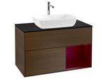 Villeroy und Boch Finion Waschtischunterschrank F782HBGN 100cm, Abdeckplatte black matt, Regale Peony matt lacquer, Walnut veneer