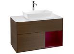 Villeroy und Boch Finion Waschtischunterschrank F781HBGN 100cm, Abdeckplatte white matt, Regale Peony matt lacquer, Walnut veneer