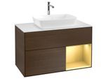 Villeroy und Boch Finion Waschtischunterschrank F781HFGN 100cm, Abdeckplatte white matt, Regale Gold matt lacquer, Walnut veneer