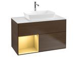 Villeroy und Boch Finion Waschtischunterschrank G771HFGN 100cm, Abdeckplatte white matt, Emotion, Regale Gold matt lacquer, Walnut veneer