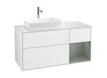 Villeroy und Boch Finion Waschtischunterschrank F811GMGF 120cm, Abdeckplatte white matt, Regale Olive matt lacquer, Glossy white lacquer