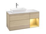 Villeroy und Boch Finion Waschtischunterschrank F811HFPC 120cm, Abdeckplatte white matt, Regale Gold matt lacquer, Oak Veneer