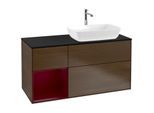 Villeroy und Boch Finion Waschtischunterschrank F802HBGN 120cm, Abdeckplatte black matt, Regale Peony matt lacquer, Walnut veneer