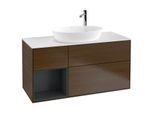 Villeroy und Boch Finion Waschtischunterschrank F941HGGN 120cm, Abdeckplatte white matt, Regale Midnight matt lacquer, Walnut veneer