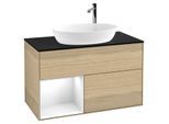 Villeroy und Boch Finion Waschtischunterschrank F892GFPC 100cm, Abdeckplatte black matt, Regale Glossy white lacquer, Oak Veneer