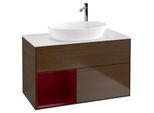 Villeroy und Boch Finion Waschtischunterschrank F891HBGN 100cm, Abdeckplatte white matt, Regale Peony matt lacquer, Walnut veneer