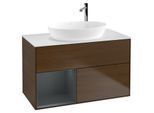 Villeroy und Boch Finion Waschtischunterschrank F891HGGN 100cm, Abdeckplatte white matt, Regale Midnight matt lacquer, Walnut veneer