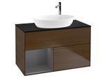 Villeroy und Boch Finion Waschtischunterschrank G892GKGN 100cm, Abdeckplatte black matt, Emotion, Regale Anthracite matt lacquer, Walnut veneer