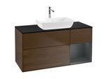 Villeroy und Boch Finion Waschtischunterschrank F832HGGN 120cm, Abdeckplatte black matt, Regale Midnight matt lacquer, Walnut veneer