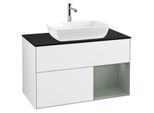 Villeroy und Boch Finion Waschtischunterschrank G782GMGF 100cm, Abdeckplatte black matt, Emotion, Regale Olive matt lacquer, Glossy white lacquer