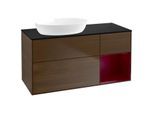 Villeroy und Boch Finion Waschtischunterschrank FA52HBGN 120cm, Abdeckplatte black matt, Regale Peony matt lacquer, Walnut veneer