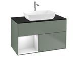 Villeroy und Boch Finion Waschtischunterschrank F772MTGM 100cm, Abdeckplatte black matt, Regale White matt lacquer, Olive Matt Lacquer