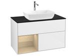 Villeroy und Boch Finion Waschtischunterschrank F772PCGF 100cm, Abdeckplatte black matt, Regale Oak Veneer, Glossy white lacquer