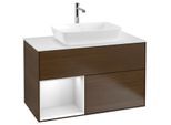 Villeroy und Boch Finion Waschtischunterschrank F771MTGN 100cm, Abdeckplatte white matt, Regale White matt lacquer, Walnut veneer