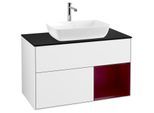 Villeroy und Boch Finion Waschtischunterschrank F782HBGF 100cm, Abdeckplatte black matt, Regale Peony matt lacquer, Glossy white lacquer