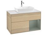 Villeroy und Boch Finion Waschtischunterschrank F781GMPC 100cm, Abdeckplatte white matt, Regale Olive matt lacquer, Oak Veneer