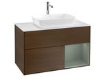 Villeroy und Boch Finion Waschtischunterschrank F781GMGN 100cm, Abdeckplatte white matt, Regale Olive matt lacquer, Walnut veneer