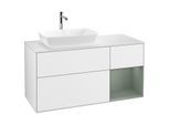 Villeroy und Boch Finion Waschtischunterschrank G811GMGF 120cm, Abdeckplatte white matt, Emotion, Regale Olive matt lacquer, Glossy white lacquer