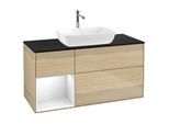Villeroy und Boch Finion Waschtischunterschrank F822GFPC 120cm, Abdeckplatte black matt, Regale Glossy white lacquer, Oak Veneer