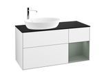 Villeroy und Boch Finion Waschtischunterschrank F932GMGF 120cm, Abdeckplatte black matt, Regale Olive matt lacquer, Glossy white lacquer