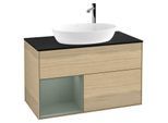 Villeroy und Boch Finion Waschtischunterschrank F892GMPC 100cm, Abdeckplatte black matt, Regale Olive matt lacquer, Oak Veneer