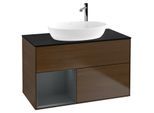 Villeroy und Boch Finion Waschtischunterschrank G892HGGN 100cm, Abdeckplatte black matt, Emotion, Regale Midnight matt lacquer, Walnut veneer