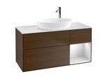 Villeroy und Boch Finion Waschtischunterschrank F951MTGN 120cm, Abdeckplatte white matt, Regale White matt lacquer, Walnut veneer