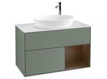 Villeroy und Boch Finion Waschtischunterschrank F901GNGM 100cm, Abdeckplatte white matt, Regale Walnut Veneer, Olive Matt Lacquer