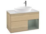Villeroy und Boch Finion Waschtischunterschrank F901GMPC 100cm, Abdeckplatte white matt, Regale Olive matt lacquer, Oak Veneer