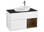 Villeroy und Boch Finion Waschtischunterschrank G902GNGF 100cm, Abdeckplatte black matt, Emotion, Regale Walnut Veneer, Glossy white lacquer