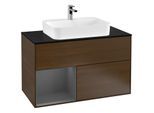Villeroy und Boch Finion Waschtischunterschrank F362GKGN 100cm, Abdeckplatte black matt, Regal links Anthracite matt, Walnut veneer
