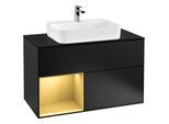 Villeroy und Boch Finion Waschtischunterschrank F362HFPD 100cm, Abdeckplatte black matt, Regal links Gold matt, Black matt lacquer