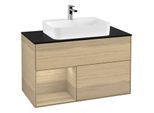 Villeroy und Boch Finion Waschtischunterschrank F362PCPC 100cm, Abdeckplatte black matt, Regal links Oak Veneer, Oak Veneer