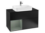 Villeroy und Boch Finion Waschtischunterschrank F362GMPD 100cm, Abdeckplatte black matt, Regal links Olive Matt Lacquer, Black matt lacquer